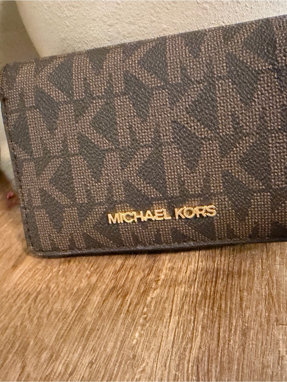 Michael Kors Brown MK Monogram Continental Wallet with Gold Logo